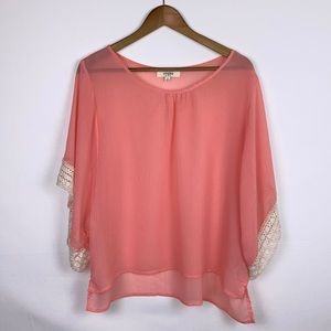 UMGEE Boho Box Blouse Peach Pink Medium Semi Sheer Lace Edging